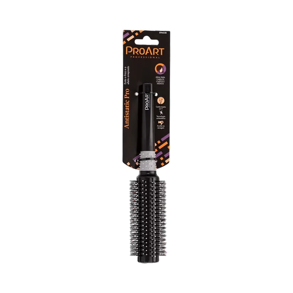 Escova Proart Antiestática 24mm embalada em cartão preto com detalhes em laranja e branco